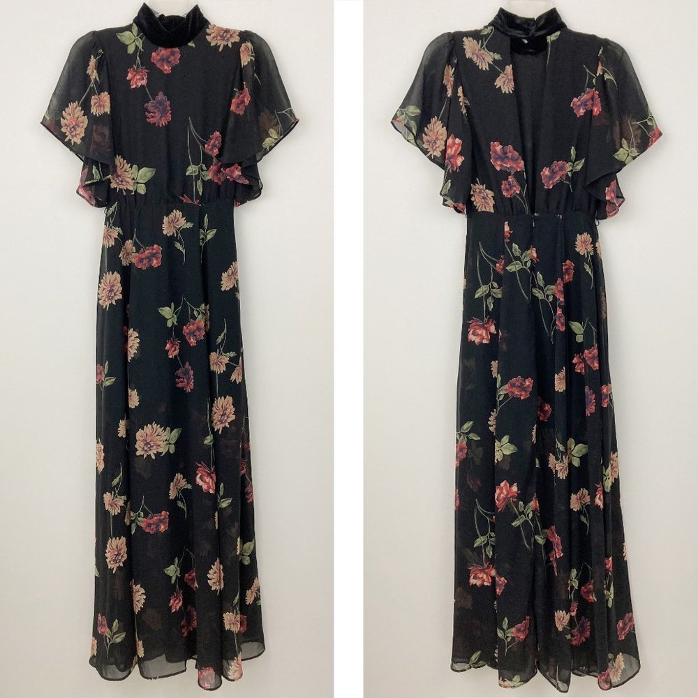 Lulus Every Little Thing Black Floral Print Maxi Dress Size XS Velvet Mock Neck - Picture 2 of 12